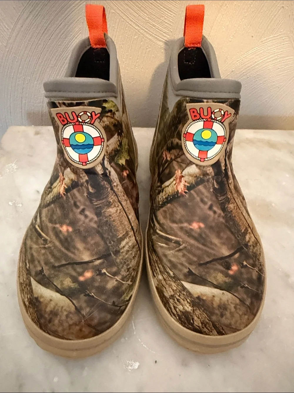 Buoy Camo Slip-On Rain Clogs with Orange Pull Tabs